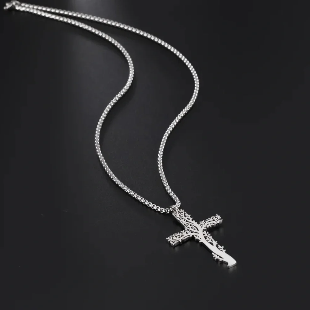 Stainless steel tree of life cross